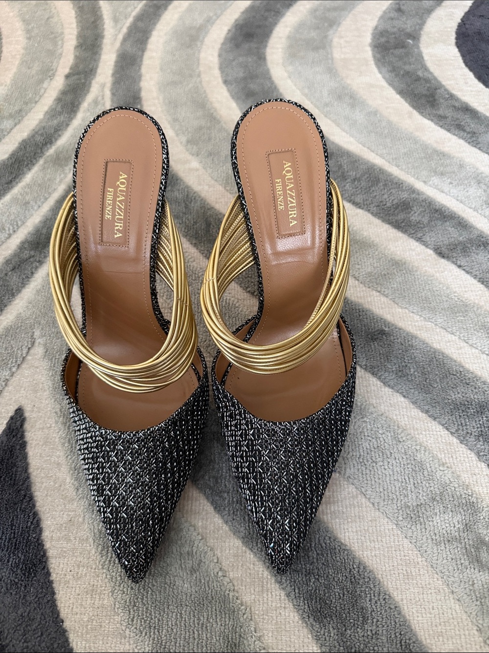 Aquazzura Black Tweed Pointed Mules with Gold Coil Anklet